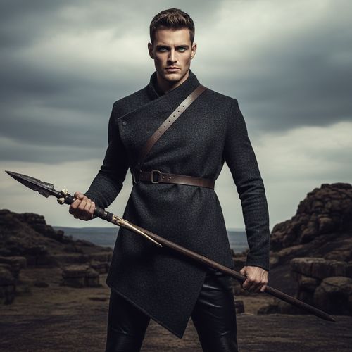 A striking portrait of a 29-year-old male model named John, embodying the raw power and enigmatic allure of a modern-day warrior, set against the rugged, atmospheric backdrop of Kruger. Dressed in an avant-garde ensemble of deep charcoal wool and textured leather, featuring a draped, asymmetrical tunic layered over tailored trousers, John's expression is intense with piercing eyes that convey deep narrative. The dramatic lighting casts deep shadows, emphasizing the angularity of his jawline, creating a sculptural quality. His pose, gripping a makeshift spear, adds dynamic tension, evoking themes of masculinity and resilience, all rendered in rich textures and a dark palette that speaks to contemporary identity.