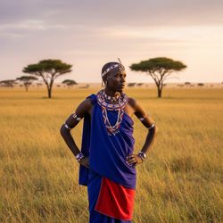 James, a striking male figure aged 28, embodies the spirit of the Maasai Mara, captured in a moment of tranquil strength against the vast, golden savanna. He stands tall and proud in traditional Maasai regalia, with a vibrant shuka in rich reds and deep blues draped over his shoulder. His beaded jewelry shimmers under the sun, emphasizing his cultural heritage. The expansive plains with acacia trees stretch behind him, blending into the horizon where the golden hues of sunset create a breathtaking backdrop. Soft, diffused lighting enhances his skin tone, casting delicate shadows that sculpt his strong features. His pose exudes quiet confidence, with hands on his hips and gaze thoughtfully directed into the distance, reflecting a connection to the land. This image celebrates the elegance of African culture, inviting contemplation of the relationship between humans and nature while honoring the spirit of its people.