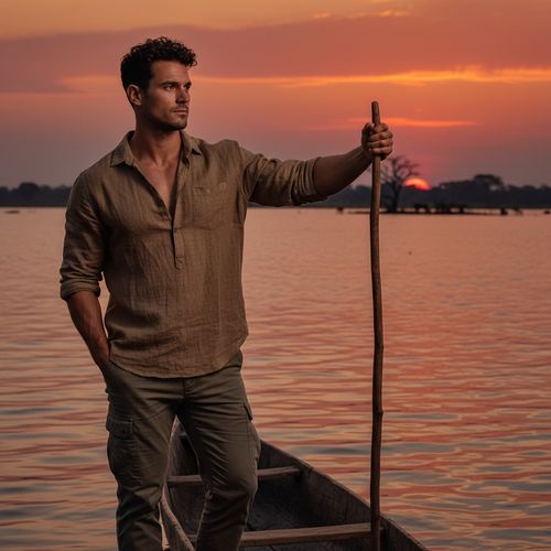 John, a 25-year-old male model, is captured in a striking portrait at dusk by the vast, tranquil waters of the Okavango Delta. He wears a lightweight, earthy-toned linen shirt, sleeves rolled up, styled with cargo trousers in muted khaki. His relaxed yet assertive pose includes one arm resting on a nearby canoe, while he holds a handcrafted wooden spear in the other hand, embodying a spirit of adventure. The golden hour light bathes his strong jawline and tousled dark hair, creating soft reflections on the water's surface. The vibrant sunset sky serves as a backdrop, evoking wanderlust and deep appreciation for the African wilderness, perfectly framing the modern masculinity in harmony with nature. The composition follows the rule of thirds, enhancing the serene yet contemplative essence of the scene.