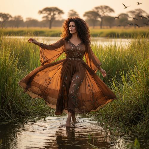 Olivia, a striking Middle Eastern female figure aged 34, embodies the spirit of the Okavango Delta in an editorial exploration of nature's raw beauty. She wears an earth-toned, billowy chiffon dress adorned with intricate beadwork, standing barefoot in shallow waters framed by lush green papyrus reeds. Her dark curls catch the gentle breeze, illuminated by warm golden hour light. Her pose, reminiscent of a gazelle, evokes elegance and grace as she reaches out into the vibrant natural world, inviting viewers into a serene connection with the abundant beauty of the Delta.