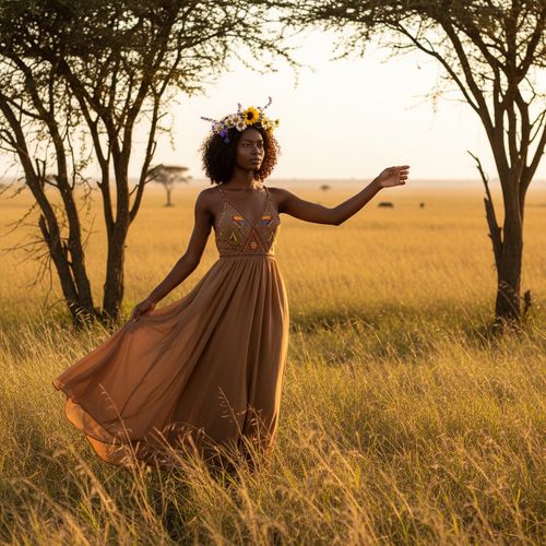 A striking portrait of a 23-year-old Black woman, Emily, embodying the spirit of the African savannah. She stands tall and poised amidst golden grasses, illuminated by the warm, late afternoon sun casting a soft glow on her flawless skin. Dressed in a flowing, earth-toned maxi dress crafted from lightweight chiffon, the garment billows gently in the breeze, featuring subtle hand-sewn beadwork that reflects the colors of the sunset. Her natural curls are adorned with a delicate crown of wildflowers, radiating organic beauty. The pose embodies serenity and strength as she reaches out gracefully, inviting the landscape to dance with her, capturing the connection between humanity and nature. The composition follows the rule of thirds, placing her off-center amidst the sweeping savannah landscape, framed by acacia trees. Golden hour hues enhance the warm palette, creating a luminous halo effect around her figure, evoking themes of freedom and connection with the wild. This photograph captures a timeless moment where nature and humanity coexist beautifully.