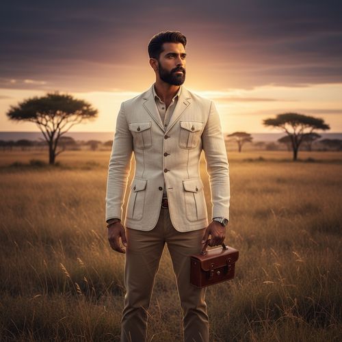 James, a ruggedly handsome Indian male aged 33, stands confidently in the heart of an expansive African savannah at sunset. He sports a tailored ivory linen safari jacket with intricate embroidery, lightweight khaki trousers, and a woven leather belt that accentuates his waist. His strong jawline and well-groomed beard are highlighted by the warm golden sunlight, which creates a halo effect around him. With a vintage leather binocular case in hand, he gazes across the horizon, reflecting a deep connection to the landscape. The natural light captures the textures of his attire and the wild grasses, evoking a sense of exploration and the majestic beauty of nature, inviting viewers to contemplate their own adventures in the wild. The composition follows the rule of thirds, emphasizing both his presence and the vast savannah dotted with acacia trees under a sprawling sky, reminiscent of an ethereal painting.