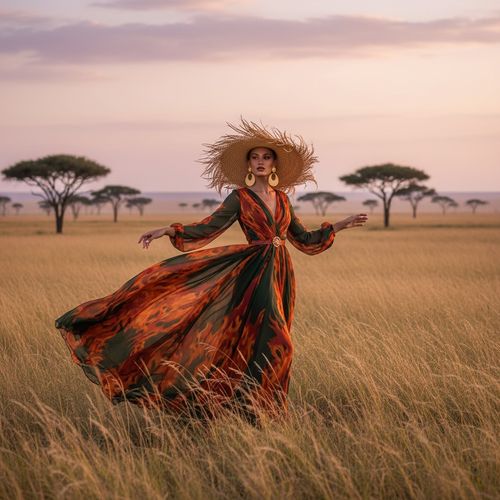 In the heart of Serengeti National Park, Jane, a striking 29-year-old woman, stands confidently on an expansive plain with golden grasses swaying around her. Draped in a stunning floor-length gown of sunset oranges and deep emerald greens, made from lightweight chiffon georgette, the dress flows beautifully in the warm breeze. An exquisite wide-brimmed straw hat adorned with cascading feathers frames her face, while oversized gold hoop earrings catch the soft, diffused natural light. The iconic acacia trees and a sky painted in pink and lavender hues at sunset create a picturesque backdrop. Her arm is gracefully outstretched, fingers brushing the grass, exuding confidence and connection to the land, capturing the essence of an earth goddess and the wild beauty of Africa. The composition emphasizes both her commanding presence and the serene landscape, inviting viewers into a world of adventure and elegance.