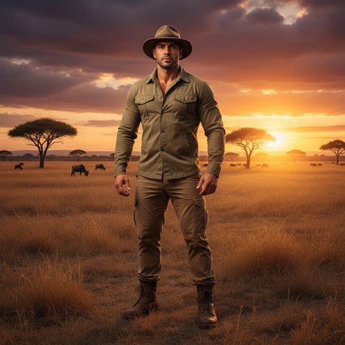 John, a ruggedly handsome Latin male adventurer aged 33, stands boldly amid the vast golden grasses of Serengeti National Park. He wears a tailored khaki safari jacket, beige cargo trousers, and sturdy leather boots. His weathered skin and penetrating gaze hint at countless adventures, topped with a stylish canvas fedora. The sunset behind him casts warm golden hues, emphasizing his strong jawline and creating dramatic shadows. Silhouetted acacia trees define the background against an explosion of orange and purple in the sky, while distant wildebeest graze peacefully, highlighting the juxtaposition of man versus nature.