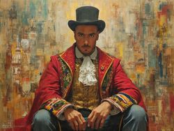 David, a 30-year-old Latin male, depicted in a historical setting that embodies various time periods in a vibrant collage. He is dressed in eclectic outfits representing different eras, reflecting his heritage and cultural background. The background features iconic elements from various historical epochs, creating a captivating blend of time and culture with a warm color palette. This artwork celebrates diversity and the rich tapestry of history through David's character.