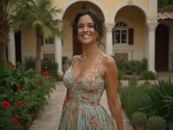 Emily, a 40-year-old Latin female in a timeless setting that blends elements from various historical periods. She stands confidently in a lush garden, dressed in a classic vintage dress that reflects a mix of styles from different eras. The background features architectural elements reminiscent of both colonial and modern designs, creating a harmonious fusion of time periods. Her expression is joyful, embodying the essence of resilience and grace across generations.