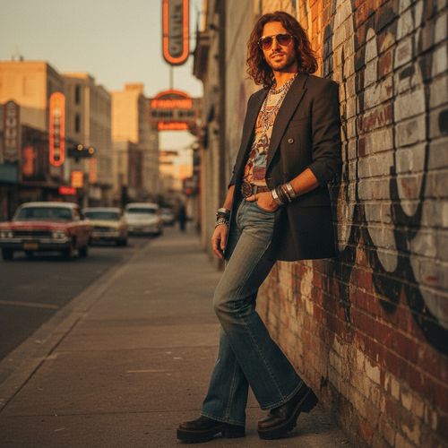 John, a 35-year-old Arab male figure channeling the rebellious spirit of the 1970s, stands confidently against a vibrant urban landscape. He's dressed in a tailored, oversized double-breasted charcoal blazer over a graphic band tee, paired with vintage-faded denim flares and chunky platform boots. His loose, wavy hair and aviator sunglasses reflect the warm glow of the setting sun. Bold silver chains and leather bracelets accentuate his edgy look as he leans against a retro brick wall. The nostalgic lighting and composition evoking classic rock album covers, highlight his individuality and freedom, capturing the essence of the 1970s counterculture movement.