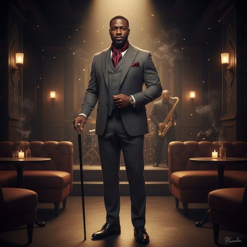Michael, an enigmatic 34-year-old black male figure, embodies the debonair charisma of the 1920s Harlem Jazz Age. Clad in a tailored charcoal pinstripe suit and a deep merlot silk cravat, he exudes confidence, holding a classic black cane in one hand. The backdrop is a dimly lit speakeasy filled with Art Deco elements, accentuated by a warm spotlight that highlights his chiseled features. The atmosphere is vibrant with a hint of cigar smoke, inviting viewers into a world of jazz, style, and culture.