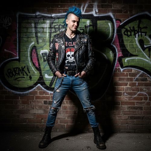 Michael, a striking male figure aged 23, embodies the rebellious spirit of the 1980s punk era standing against a graffiti-laden urban backdrop. He is clad in a tailored black leather jacket adorned with metallic studs and patches, revealing a graphic band tee underneath, and distressed denim jeans that ripple with texture. His bold, asymmetrical haircut is dyed a vibrant electric blue, exuding youthful defiance. Posed dynamically with one leg slightly forward and hands in pockets, he projects a confident, nonchalant attitude. Dramatic chiaroscuro lighting slices through the scene, casting fierce shadows, capturing the raw energy of 80s counterculture and the feeling of freedom and individuality, ready to inspire a modern audience.