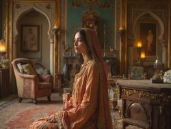 A 40-year-old Middle Eastern woman named Olivia, dressed in traditional attire from her culture, set in a beautifully decorated room that reflects the rich history and art of the region. The setting incorporates elements from different time periods, blending modern and historical designs, with ornate patterns and colors that enhance the atmosphere. Olivia is portrayed with a graceful demeanor, symbolizing the connection between the past and present.