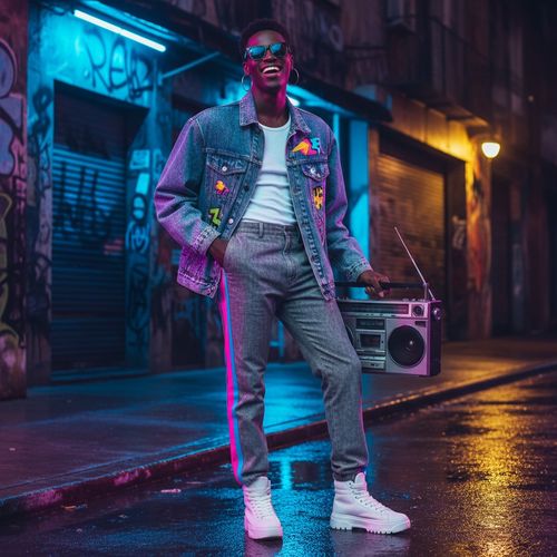 Michael, a striking black male model aged 22, fully embodies the exuberant spirit of 1980s vintage fashion in a retro urban setting. He is dressed in a bold, acid-wash denim jacket with oversized shoulder pads and vibrant graphic prints layered over a fitted white T-shirt. His high-waisted, tapered trousers feature a neon stripe along the sides. Accessorized with chunky silver earrings and retro sunglasses, and bold white high-top sneakers, he strikes a dynamic pose with one hand in his pocket and the other resting on a vintage boombox. The vivid, saturated lighting combines neon hues and chiaroscuro, enhancing the drama and vibrancy of the scene, echoing the pulse of 80s New York City pop culture.