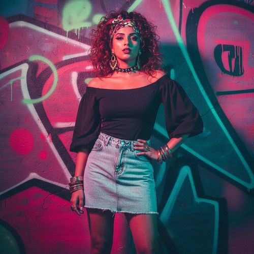Olivia, a striking 22-year-old Indian woman, captures the exuberance of the 1980s in a vivid editorial portrait. She stands confidently against a graffiti-colored backdrop in hues of electric pink, neon green, and deep violet, embodying the glamorous spirit of the decade. Dressed in a high-waisted acid-wash denim mini skirt and a fitted off-the-shoulder black chiffon top with oversized puff sleeves, she accessorizes with large statement earrings, a spiked choker, and layered bangles. Her hair is styled in voluminous crimped waves, crowned with a colorful headband. Posing with one hand on her hip and wearing platform ankle boots, her expression radiates sass and confidence. The rich, vibrant lighting mirrors an 80s nightclub, creating dramatic shadows and highlights, celebrating empowerment and the pulsating joy of the era.