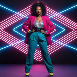 Olivia, a striking 26-year-old Black woman, channels the exuberance of 1980s fashion with a modern twist. She wears an oversized fuchsia blazer with exaggerated shoulder pads over a shimmering silver sequined top, cinched at the waist with a wide, quilted black patent belt. Her pleated high-waisted teal trousers flow elegantly to the floor, revealing bold neon yellow stilettos. Large geometric earrings in electric blue and a stack of colorful bangles enhance her playful confidence. Posing in a dramatic stance with one foot forward and hands on her hips, her voluminous curls adorned with a black scrunchie frame her face. The retro pink and blue neon backdrop illuminates the scene, capturing the electrifying energy and essence of 1980s nightlife, celebrating fashion as a jubilant declaration of self-expression. The lighting highlights her features while casting bold shadows.  The mood exudes vibrancy and nostalgia.
