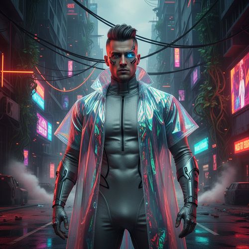 James, a striking 25-year-old male figure, embodies the essence of a futuristic warrior against a dystopian urban landscape. He wears a sleek, silver reflective jumpsuit made from high-tech microfibers, layered with a translucent overcoat of holographic fabric that shimmers in the neon light. His architectural hairstyle and cybernetic accessories add to his commanding presence, framed by towering skyscrapers and bioluminescent greenery in the background. The dynamic lighting creates a dreamlike aura, emphasizing resilience and ambition in this gritty future scenario.