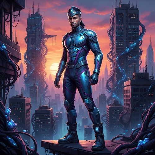 A striking portrait of a 35-year-old Indian male, Michael, embodying the essence of a futuristic urban warrior in a vibrant yet dystopian landscape. He stands tall against towering skyscrapers draped in bioluminescent vines, dressed in a sleek, form-fitting jumpsuit made of iridescent fabric that shifts colors with the light. The jumpsuit features intricate geometric cutouts and is paired with combat boots adorned with advanced tech elements. His audacious asymmetrical haircut is complemented by a metallic headpiece reflecting the ambient neon lights around him. The dramatic glow of the setting sun highlights his chiseled features and the textures of his outfit, while dynamic poses suggest action and readiness. The chiaroscuro lighting enhances the ethereal quality of this fashion-forward narrative, merging elegance with an edge, representing themes of resilience and hope in a transformed future.