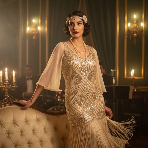 Jane, a stunning 29-year-old Arab woman, embodies the opulence of the Roaring Twenties in an exquisite champagne-colored flapper dress adorned with shimmering hand-sewn sequins and intricate fringe. Her dress features art deco patterns, a drop-waist design, and delicate silk chiffon sleeves. Styled with classic finger waves and a vintage jeweled headband decorated with pearls, her bold crimson lips and defined eyebrows exude sophistication. Leaning against a lavishly tufted chaise lounge amidst rich velvet drapery and gold accents, the warm glow of candlelit lighting highlights her angular features. The composition captures the electric energy of a jazz-filled night at a speakeasy, evoking nostalgia and the exhilaration of vintage decadence.