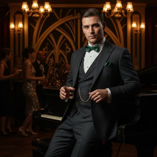 John, a dapper male figure aged 33, embodies the opulence and rebellious spirit of the Roaring Twenties. He is elegantly attired in a three-piece charcoal pinstriped suit, tailored to perfection. The sharply fitted jacket features peak lapels, while trousers taper down to polished oxford shoes. His crisp white dress shirt is complemented by a lavish silk bow tie in deep emerald green, and a gold pocket watch peeks from his waistcoat. The setting is an opulent speakeasy, with Art Deco patterns and warm hues from vintage chandeliers. John lounges against a grand piano, whiskey glass in hand, against a backdrop alive with soft jazz music. The chiaroscuro lighting highlights his strong jawline, capturing a confident nonchalance, while the composition employs the rule of thirds. This image evokes the thrilling escapism of the Jazz Age, making it a captivating portrayal of an era filled with excitement and allure.