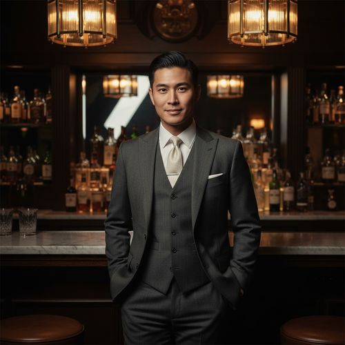 John, a dapper Asian male model aged 33, embodies the opulence of the Roaring Twenties in a tailored three-piece charcoal grey suit with subtle pinstripes, standing casually at a marble bar in an atmospheric speakeasy. His crisp white dress shirt and silk ivory tie radiate refinement, while polished brogues add vintage flair. The art deco chandeliers cast a warm glow on his slicked-back hair, and his captivating expression draws the viewer in, set against a soft bokeh of whiskey bottles. The chiaroscuro lighting highlights his strong jawline and high cheekbones, evoking the glamour of classic Hollywood. This portrait captures the timeless charm and rebellious spirit of a bygone era, with golden ratio proportions enhancing its visual allure.