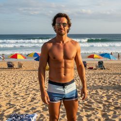 David, a striking male figure in his 30s, stands confidently on Bondi Beach, embodying the effortless cool of summer. He wears fitted, sun-bleached board shorts that accentuate his athletic physique, revealing rippling muscles and sun-kissed skin. His tousled, salt-kissed hair is gently tousled by the ocean breeze, paired with classic aviator sunglasses resting on his nose. The golden sands of Bondi, dotted with vibrant beach umbrellas and deep turquoise waves crashing in the distance, set a perfect backdrop. The late afternoon sun casts a warm golden glow, emphasizing his contours and creating a dreamy halo effect. This candid moment captures not just a man at the beach but the essence of youth and the vibrant energy of Bondi, exuding a carefree spirit and adventure.