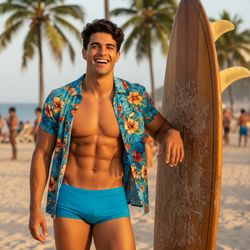 James, a 22-year-old male model of Latin descent, embodying the carefree spirit of Copacabana beach, is captured mid-laugh leaning against a vintage surfboard. He’s dressed in a fitted, colorful short-sleeve shirt with tropical motifs and tailored swim trunks in rich cerulean, reflecting the azure waters. Sunlight cascades over his chiseled physique, his confident smile inviting the viewer into the lively atmosphere. The background is alive with iconic palm trees and sun-kissed revelers, creating a dreamy haze with a shallow depth of field, as the golden hour light highlights his bronzed skin and playful sparkle in his eyes, encapsulating the essence of youth and freedom.