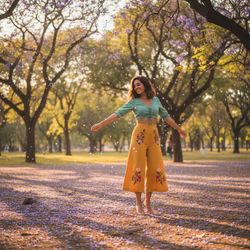 Sarah, a vibrant 22-year-old Arab woman, is captured in the lush embrace of Ibirapuera Park. She wears a playful, color-blocked outfit with a cropped mint green blouse and high-waisted yellow culottes featuring floral embroidery. Her soft waves cascade to her shoulders, complementing her sun-kissed complexion as she twirls joyfully among blossoming jacarandas, framed by lilac petals. The late afternoon sun bathes the scene in golden light, creating a dreamlike tranquility with playful shadows on the grass. This composition highlights her energetic spirit and connection with nature, invoking the essence of summer joy. The scene emphasizes the beauty of life intertwined with nature.  The trigger word enhances the overall vibrancy of the image.
