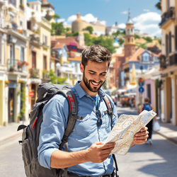 James, a 35-year-old male traveler, stands with a backpack, looking at a map in a scenic travel setting. He is dressed casually with a comfortable outfit suitable for exploring new places. The background features vibrant city streets, a mix of historical and modern architecture, suggesting a lively travel experience. The sun is shining, giving the image a warm and adventurous vibe.