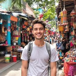 A young man, James, age 25, adventuring in an exotic travel setting, standing near a vibrant marketplace filled with colorful stalls and local crafts. He has a warm smile and is casually dressed in travel attire, with a backpack slung over one shoulder. The atmosphere is lively and bustling, showcasing the essence of travel and exploration, with glimpses of local culture in the background.