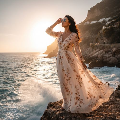 Sarah, a 25-year-old Arab woman with a spirit of wanderlust, stands at the edge of a cliff on the sun-drenched Amalfi Coast. Dressed in a flowing cream-colored chiffon georgette maxi dress adorned with intricate embroidered blossoms, the fabric dances in the Mediterranean breeze. Her hair is tousled and free, complemented by oversized sunglasses that evoke classic Hollywood glamour. She gazes confidently towards the horizon, bathed in golden hour light that creates a halo effect, with azure waves crashing dramatically below. The scene captures the enchanting allure of travel and adventure, positioned using the rule of thirds for a captivating composition.