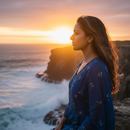 A captivating portrait of Sarah, a 29-year-old female traveler of Indian descent, enveloped in the golden glow of a setting sun. She stands atop a rugged cliff, overlooking a breathtaking coastal vista. Dressed in a flowing chiffon georgette tunic of deep cerulean blue, adorned with delicate hand-embroidered accents inspired by local flora, she embodies the essence of adventure. Her sun-kissed hair flows freely, illuminated by warm light, creating a halo effect around her face as she gazes thoughtfully into the horizon. The backdrop features undulating waves crashing against the cliffs and a vibrant sunlit sky, evoking a sense of freedom and wanderlust. The composition utilizes soft natural lighting, enhancing her features and creating an ethereal quality, guided by the golden ratio which emphasizes her serene expression.