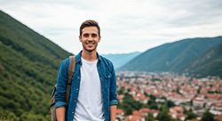 Smiling young man in a blue denim shirt standing against a scenic mountain backdrop overlooking a town.