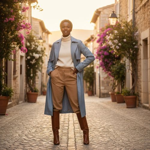 Sarah, a sophisticated 35-year-old Black female traveler, embodies the modern-day explorer in this editorial fashion shot. She's wearing a tailored belted trench coat made of lightweight chambray over a cream cashmere turtleneck, paired with camel wide-leg trousers and knee-high leather boots. Standing on the cobblestone streets of a picturesque European village adorned with blooming bougainvillea and vintage architecture, one hand is playfully tucked into her coat pocket while the other rests confidently on her hip. The warm golden hour sun casts soft shadows, enhancing her features with butterfly lighting, creating an enchanting glow. This image captures freedom, adventure, and sophistication, inviting viewers to dream of travel and exploration. The composition, following the rule of thirds, emphasizes her presence as a focal point against a softly blurred background, embodying elegance and wanderlust.