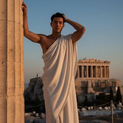 Michael, a striking 24-year-old Asian male model stands atop the ancient ruins of the Acropolis, illuminated by the warm golden light of a setting sun. He embodies the essence of classical heroism, draped in a flowing cream-colored linen toga that elegantly highlights his sculpted physique, reminiscent of a marble statue. Relaxed yet commanding, he leans against a weathered column with one hand while tousling his hair with the other. The distant Parthenon looms majestically, its weathered columns framed against a sky shifting from azure to coral. Cinematic chiaroscuro lighting accentuates his jawline and the ethereal glow of his skin, enhancing this moment of timeless beauty and cultural dialogue. This composition captures the spirit of youthful exploration intertwined with the weight of history, creating an unforgettable scene.