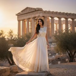 Emily, a 33-year-old Middle Eastern woman embodying the spirit of the ancient goddess Athena, poses gracefully against the Parthenon in Athens. Dressed in a flowing silk chiffon gown in soft ivory with subtle gold embroidery, her hair cascades in soft waves over one shoulder, adorned with a laurel crown glimmering in the warm Athenian sun. The golden hour lighting enhances the ethereal quality of the scene, with blooming olive trees swaying gently in the background, creating a harmonious blend of ancient and modern beauty. The composition follows the golden ratio, positioning her as the focal point, channeling wisdom and strength.