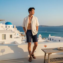 James, a striking 31-year-old Asian male, embodies the relaxed sophistication of a Mykonos summer afternoon. Clad in a tailored linen short-sleeve shirt in organic ivory that catches the sea breeze, he showcases a sculpted physique. His crisp navy-blue tailored shorts and polished leather sandals reveal sun-kissed skin. Standing on a sun-drenched terrace overlooking the Aegean Sea, the iconic whitewashed buildings form a picturesque backdrop. His gaze captures the horizon where turquoise waters meet a cloudless sky, illuminated by soft golden hour light accentuating his features and creating a sense of Mediterranean luxury and wanderlust.