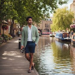 David, a 27-year-old Indian male figure embodying casual elegance, stands on a charming wooden jetty in the picturesque canals of Little Venice, London. He wears a lightweight tailored linen blazer in soft sage green, paired with a crisp white cotton shirt and tailored navy chino shorts. His hair is tousled by the breeze, framing a relaxed yet confident visage enhanced with subtle stubble. Sunlight filters through the trees, casting dappled shadows while shimmering water reflects vibrant colors. He holds a vintage camera, exuding an adventurous spirit; his relaxed stance, one leg bent, projects easy-going confidence. The overall tone is warm and inviting, evoking the romantic allure of summer in an idyllic European setting.  The composition follows the rule of thirds, focusing on David amidst the serene backdrop of Little Venice.