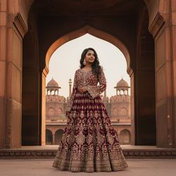 Emily, a captivating 27-year-old black woman, stands poised against the majestic backdrop of Delhi's Red Fort. She wears a flowing anarkali gown, intricately embroidered with gold thread that captures the warm hues of the fort's sandstone architecture. The gown features long sleeves with delicate lace cuffs, embodying Mughal fashion artistry. Her dark hair cascades in soft waves, adorned with intricate jhumka earrings that glimmer in the golden hour light. Positioned gracefully within the iconic arches, she radiates timeless elegance. The scene is bathed in a warm glow, emphasizing her serene expression and quiet strength, thus celebrating the glorious heritage of Indian culture. The composition incorporates the rule of thirds, blending architectural grandeur and human beauty, creating a visually striking homage to history.  The trigger word 'Emily' invokes a contemporary reinterpretation of this regal portrait.