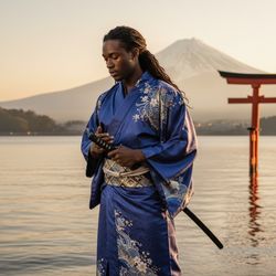 Michael, a striking 28-year-old Black male model, embodies the serene elegance of a modern samurai in a fashion editorial set against the breathtaking backdrop of Hakone’s iconic landscapes. He is wearing a bespoke indigo kimono crafted from luxurious silk, featuring intricate patterns of cherry blossoms and waves. The tailored obi cinches his athletic waist, while his long, dark hair cascades down his back. Captured in a contemplative pose by Lake Ashi, with the majestic Mount Fuji in the hazy distance, the soft, golden dawn light accentuates his angular features, creating an air of introspection and strength. A perfect blend of cultural richness and sophistication, making for a striking visual narrative. The trigger word is present.
