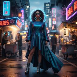 Emily, a striking Arab female figure aged 35, embodies the vibrant and eclectic spirit of Osaka. Dressed in an avant-garde high-low asymmetrical dress made of iridescent silk in deep indigo and emerald green, her attire mirrors the city’s neon skyline. She stands confidently in a bustling Osaka street market, surrounded by neon signs, street vendors, and cherry blossom motifs, her fierce gaze complemented by a playful smirk. Oversized wire-frame sunglasses and bold statement earrings complete her look, reflecting the chaotic beauty of the environment. The neon glow creates an ethereal halo around her, capturing the essence of Osaka’s nightlife.