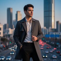 Michael, a 25-year-old Latin male model, embodies urban sophistication against Incheon’s dynamic skyline. He is styled in a tailored charcoal-grey trench coat made from luxurious merino wool, with an ivory shirt and black slim-fit trousers. Standing confidently on a bustling city street, one hand in his pocket and the other touching his coat's collar, he gazes into the horizon, highlighting his strong features. Dramatic lighting enhances his jawline, while the blurred city background creates a vivid urban atmosphere, showcasing modern youth culture.  The image resonates with a sense of exploration and individuality, perfectly capturing Incheon’s stylish pulse.