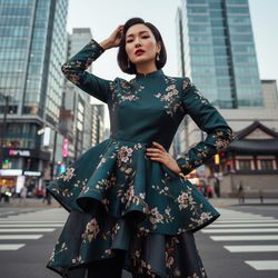 Jane, a captivating 35-year-old female figure embodying the vibrant spirit of modern Seoul. She stands confidently at a bustling street corner, framed by futuristic skyscrapers and traditional hanok buildings. Dressed in an avant-garde ensemble of deep jade and charcoal silk organza, featuring intricate asymmetrical layers and hand-embroidered floral motifs, she exudes elegance. Her bold red lips and soft highlighter enhance her striking makeup, while her glossy bob frames her face. One hand on her hip, the other brushing her hair back, she radiates confidence amidst luminous neon lights reflecting off her attire. The upward angle of the shot captures a sense of aspiration, with the dynamic urban background fading into beautiful bokeh, representing the strong individuality and cultural pride of a modern muse in Seoul. This image encapsulates the stylish fusion of past and present, making her poised to become a fashion icon.