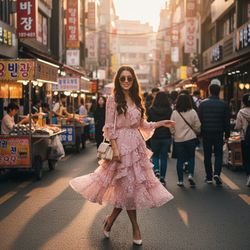 Jane, a 24-year-old Latina female model, stands in the vibrant streets of Myeongdong, Seoul during golden hour. She exudes effortless charm in an airy layered midi dress of blush chiffon georgette, adorned with fluttering ruffles and intricate floral prints reminiscent of cherry blossoms. Her long, tousled hair is pinned with small pearls, complemented by oversized retro sunglasses and a soft ivory crossbody bag. One foot slightly forward, she smiles softly, inviting viewers to join her in this lively adventure, with colorful street stalls and storefronts buzzing in the background, radiating youthful exuberance and stylish exploration. The composition beautifully frames her presence amid the energetic market scene. The trigger word is included to enhance the image's style.