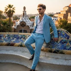 John, a 27-year-old Middle Eastern male model exuding an adventurous spirit, posed amidst the vibrant mosaics of Park Güell in Barcelona. He wears a tailored pastel-colored linen suit that dances with the gentle breeze, a crisp white shirt unbuttoned for laid-back elegance. His tousled sun-kissed hair frames a chiseled jawline, with vintage-style sunglasses resting on his head. The whimsical architecture of Antoni Gaudí, adorned with colorful ceramic tiles, creates a kaleidoscopic backdrop. The scene is illuminated by soft golden hour lighting, casting ethereal shadows, while John leans slightly, one foot on the tile, gazing confidently toward the horizon, embodying the essence of bohemian chic and the joy of travel.