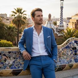 James, a charismatic 34-year-old white male, gracefully navigating the vibrant landscape of Park Güell in Barcelona. He is dressed in a tailored, lightweight linen suit in a luxurious cobalt blue, complementing the whimsical mosaics around him. With an airy white cotton shirt that's unbuttoned at the collar for relaxed elegance, he leans against one of the iconic serpentine benches. The dappled warm sunlight filters through the foliage, creating soft shadows that enhance his chiseled jawline and contemplative eyes. The composition captures urban sophistication with a bohemian flair, evoking a sense of adventure and beauty.