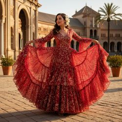 Sarah, a 26-year-old female model, embodies the vibrant spirit of Spain as she stands gracefully in a sun-drenched plaza reminiscent of Seville. Dressed in a flowing flamenco-inspired gown of ruffled crimson chiffon with hand-embroidered gold sequins, she captures the essence of Andalucía. Her dark hair, adorned with fresh white jasmine flowers, frames an expressive face highlighted by bold crimson lipstick. The stunning Moorish architecture in the background adds depth, beautifully illuminated by late afternoon light. This image encapsulates Spanish culture, filled with celebration and freedom, showcasing a connection between tradition and contemporary flair.  The composition follows the rule of thirds, capturing her dynamic interaction with the environment.  The artistic quality of the natural light enhances this vibrant summer atmosphere in Spain.