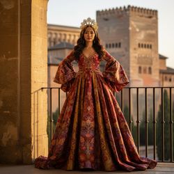 Sarah, a 33-year-old Asian woman, embodies the spirit of Granada's rich culture in a vibrant editorial shoot against the Alhambra's dramatic backdrop. She wears a brightly colored silk gown with traditional Andalusian motifs, billowing sleeves, and intricate hand-embroidered floral patterns in sunset hues. Her long, dark hair cascades in waves adorned with a gold filigree headpiece inspired by Moorish designs. Captured during the golden hour, the warm glow enhances her regal pose with one hand on her hip and the other brushing a wrought-iron railing. The soft, diffused lighting creates a dreamlike atmosphere, radiating passion and poise, embodying the enchanting allure of Granada's heritage. This image reflects the intersection of past and present, inviting viewers into a timeless embrace of culture and sophistication.  **Trigger Word**: Sarah.