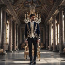 Michael, a striking 29-year-old Middle Eastern male figure, stands regally in the opulent surroundings of a royal palace. He wears a tailored, navy velvet smoking jacket with intricate gold embroidery, paired with an ivory hourglass waistcoat and tailored black trousers. Polished leather boots add sophistication to his ensemble. The luxurious chamber features towering marble columns, frescoed ceilings, and sunlight filtering through grand arched windows, creating soft shadows. A majestic chandelier hangs above, enhancing the grandeur. His refined posture, one hand on an ornately carved armrest, exudes command and grace, while his intense gaze reflects contemplation, blending traditional elegance with contemporary style, evoking the essence of Renaissance portraiture. The lighting accentuates his strong features, capturing the interplay of power and vulnerability in a noble setting.