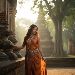 Olivia, a captivating 31-year-old Arab woman, stands gracefully against the backdrop of ancient temples in Chiang Mai. Dressed in a flowing, hand-woven silk wrap in rich saffron tones and adorned with intricately beaded accessories that reflect Lanna culture, she exudes a blend of tradition and modern elegance. Her long dark hair, styled in loose waves with delicate jasmine blossoms, adds a touch of serenity. The soft morning light highlights her silhouette and the intricate details of her attire, creating an ethereal ambiance with a delicate chiaroscuro effect. The pose captures a moment of quiet reflection, inviting viewers into the rich cultural tapestry of Chiang Mai.