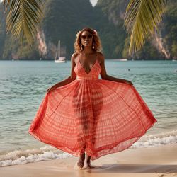 A breathtaking portrait of Jane, a 32-year-old black woman, set against the stunning backdrop of Phuket’s turquoise waters and dramatic limestone cliffs. She embodies the essence of an island goddess in a flowing, hand-dyed chiffon sundress in vibrant coral, where the dress dances with the sea breeze. With delicate spaghetti straps and a plunging neckline revealing her sun-kissed skin, she exudes natural, carefree elegance. Her hair cascades in waves adorned with tiny seashells and beach flowers, matching her oversized tortoiseshell sunglasses. Her playful yet mysterious expression is illuminated by the golden hour sun, which bathes her in a soft glow. Captured mid-motion, she strolls along the sandy shore, toes brushing the water, the sheer layers of her dress creating textures, gentle waves lapping at her feet. A distant sailboat hints at adventure while palm fronds frame the scene, lending an exotic atmosphere. The warm lighting highlights the intricate details and the glistening sea, encapsulating the spirit of eternal summer—an image taking a luxe lifestyle magazine feel.  The trigger word is present: Jane.
