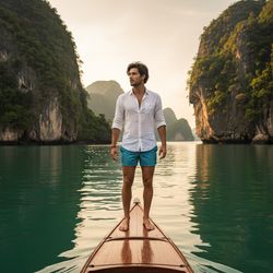 Michael, a 22-year-old Arab male model, stands confidently on a sleek, wooden kayak in Phang Nga Bay, Thailand, with breathtaking limestone cliffs surrounding him. He is dressed in a fitted, white linen shirt with rolled-up sleeves and tailored ocean-blue swim shorts, embodying coastal chic during the golden hour. His tousled hair blows in the tropical breeze as he gazes thoughtfully into the distance, encapsulated in warm, soft lighting that highlights the emerald waters and majestic cliffs. The composition beautifully frames him with the reflections on the water, creating a serene and adventurous atmosphere that evokes wanderlust.