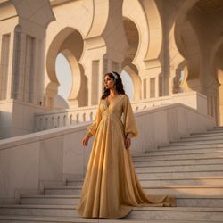 Sarah, a captivating 31-year-old Arab female figure, embodies the essence of a contemporary queen against the majestic backdrop of Qasr Al Watan in Abu Dhabi. She stands proudly on the grand staircase, dressed in an opulent golden gown crafted from shimmering silk, adorned with intricate beadwork that reflects the palace's architectural splendor. The gown features a plunging neckline and long, flowing sleeves, enhancing her regal presence. Her dark, lustrous hair is styled in soft waves, adorned with a delicate jeweled headpiece. The warm, golden light of the setting sun bathes the scene, highlighting the richly detailed marble and intricate designs of the palace, positioning her off-center to emphasize the grandeur behind her, creating a stunning visual narrative of empowerment and femininity.